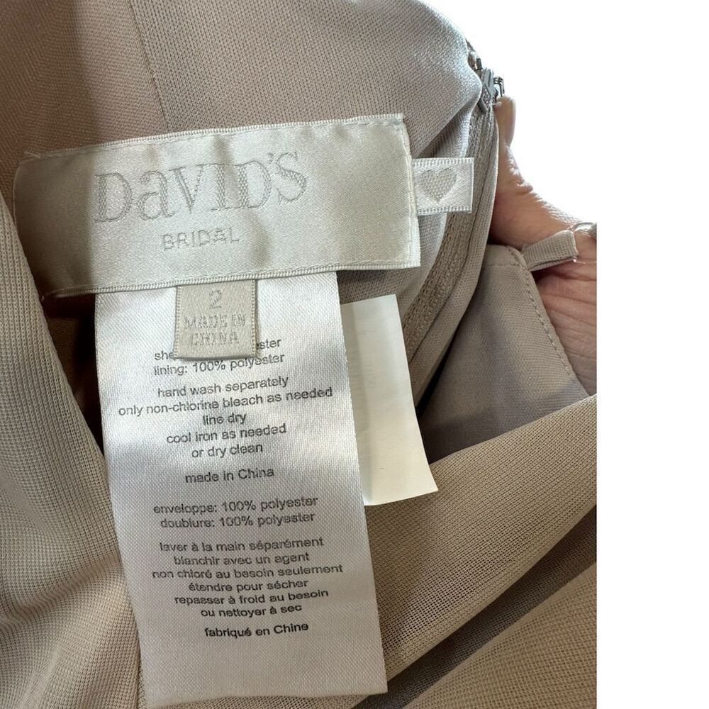 David's Bridal Spaghetti Strap Ruched Waist Mesh Dress Biscotti Size 2 Gown - Picture 11 of 16